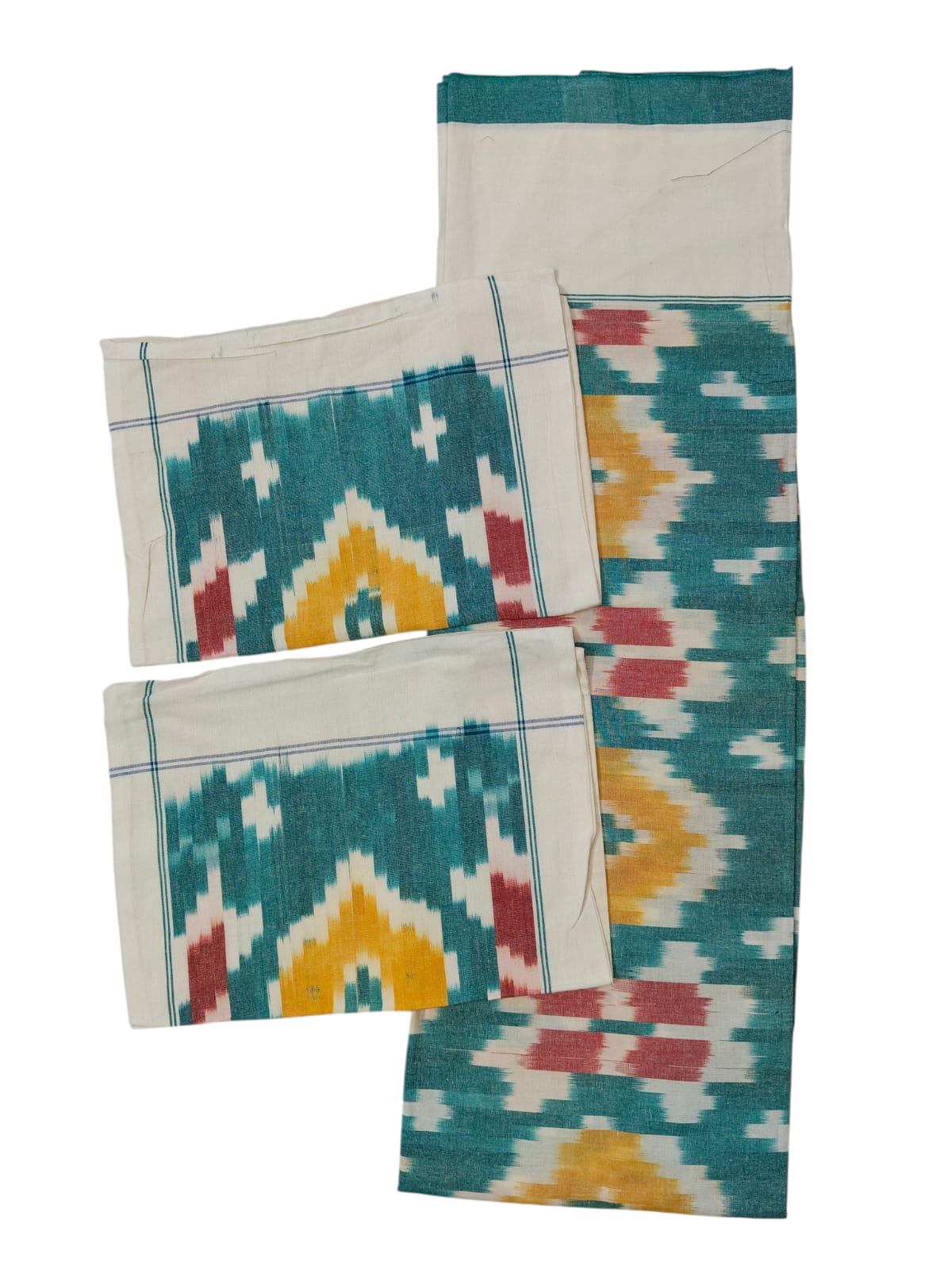 Teal Multicolor Handwoven Ikat Cotton Bedsheet Set
