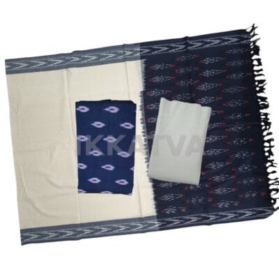 Navy Blue & White Ikat Cotton Dress Material