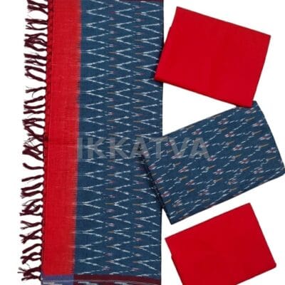 Steel Blue & Red Ikat Cotton Dress Material