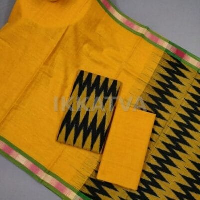 Golden Yellow & Black Ikat Cotton Dress Material